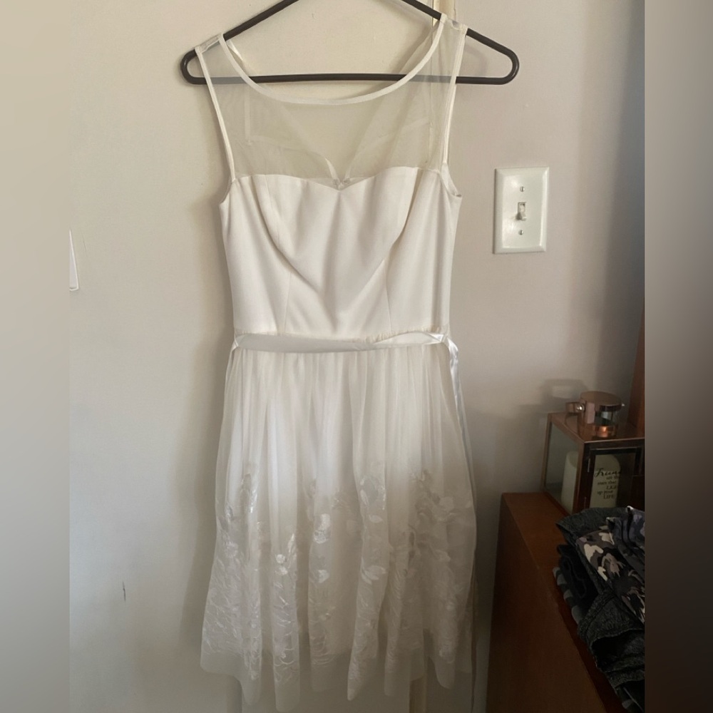 David's Bridal White Sheer Overlay Dress